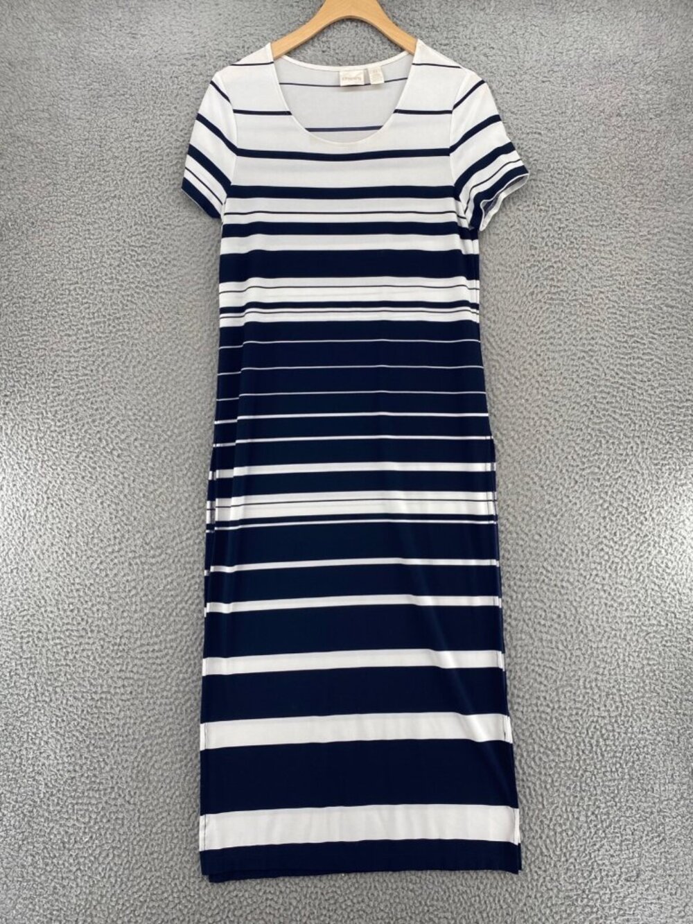 Chicos Dress Womens 0 US Small Navy White Knit Kit Altering Stripes Midi Slit